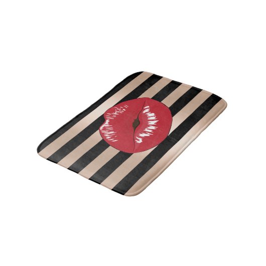 elegantes rotes LippenRosen-Goldschwarzes stripes Badematte (Schrägansicht)