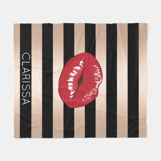 elegantes rotes LippenRosen-Goldschwarzes stripes Fleecedecke (Vorderseite (Horizontal))
