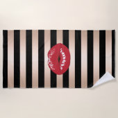 elegantes rotes LippenRosen-Goldschwarzes stripes Strandtuch (Vorderseite)