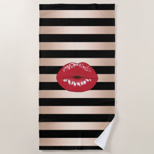 elegantes rotes LippenRosen-Goldschwarzes stripes Strandtuch