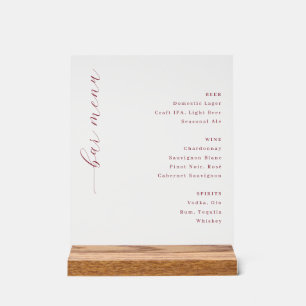 Elegantes rotes minimalistisches Bar-Menü Acrylschild