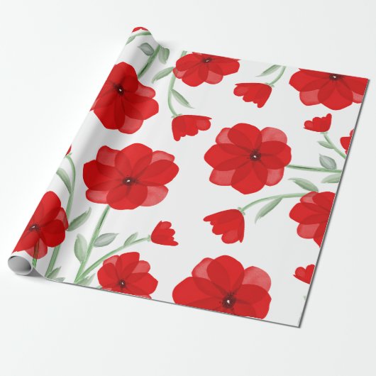 Elegantes rotes Mohnmuster Geschenkpapier (Ungerollt)