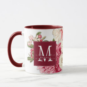 Elegantes rotes Monogramm mit Wirbeln Vintage-Blum Tasse