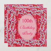 Elegantes Rotes/Rosa mit Blumen u. Diamant-100. Einladung (Vorne/Hinten)
