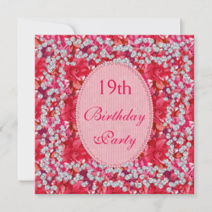 Elegantes Rotes/Rosa mit Blumen u. Diamant-19. Einladung