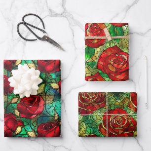 Elegantes rotes Rosen-Faux-Buntglas-Muster Geschenkpapier Set