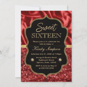 Elegantes rotes Satin & glänzender goldener Rahmen Einladung