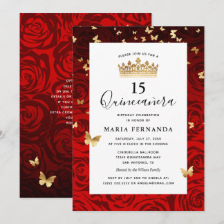 Elegantes Rotes Schwarzes Gold Krone Flora Quincea Einladung