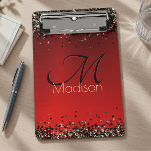 Elegantes rotes schwarzes goldenes Glitter-Monogra Mini Klemmbrett