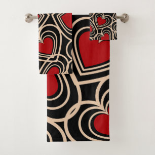 Elegantes rotes Schwarzes Herzmuster Retro Badhandtuch Set