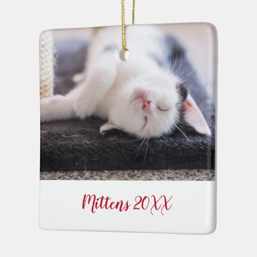 Elegantes Rotes Script Cat Foto Modern Keramikornament (Links)