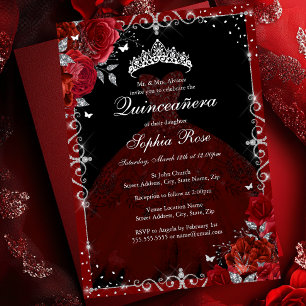 Elegantes rotes silbernes Rosenkleid Quinceanera Folieneinladung
