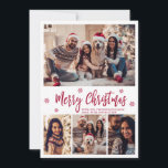 Elegantes Rotes Skript Snowflake 4 Foto Weihnachte Feiertagskarte<br><div class="desc">Elegantes, modernes rotes Script 4 Foto Collage Weihnachtskarte. Diese festliche, mimimalistische, vier (4) Fotokartenvorlage zeigt eine hübsche Collage aus Foto, etwas Schneeflocke und sagt Frohe Weihnachten! Der "Frohe Weihnachten"-Grußtext ist in einem wunderschönen handgeschriebenen Pinselkalligraphie (oder Typografie) Schriftart-Skript in rot auf weißem Hintergrund geschrieben. Auf der Rückseite mit Grußtext-Vorlage Hübsche Grußkarte...</div>