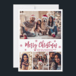 Elegantes Rotes Skript Snowflake 4 Foto Weihnachte Feiertagskarte<br><div class="desc">Elegantes, modernes rotes Script 4 Foto Collage Weihnachtskarte. Diese festliche, mimimalistische, vier (4) Fotokartenvorlage zeigt eine hübsche Collage aus Foto, etwas Schneeflocke und sagt Frohe Weihnachten! Der "Frohe Weihnachten"-Grußtext ist in einem wunderschönen handgeschriebenen Pinselkalligraphie (oder Typografie) Schriftart-Skript in rot auf weißem Hintergrund geschrieben. Auf der Rückseite mit Grußtext-Vorlage Hübsche Grußkarte...</div>