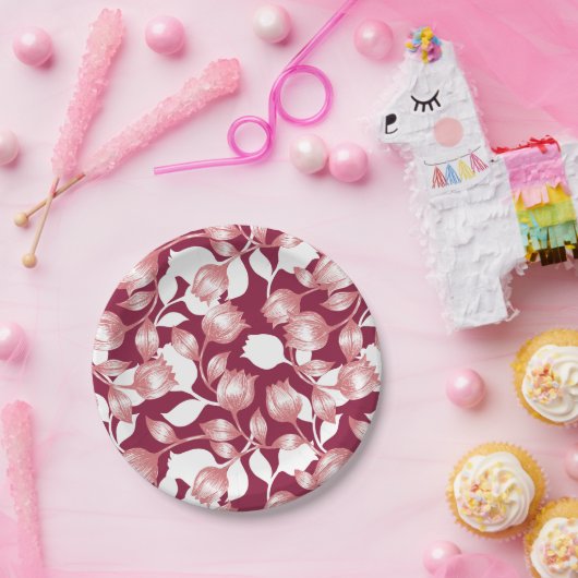 Elegantes rotes Tulip-Silhouette Blumenmuster II Pappteller (Party)