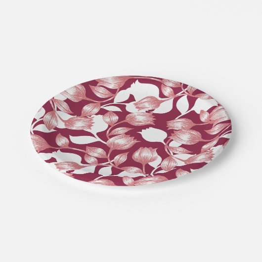 Elegantes rotes Tulip-Silhouette Blumenmuster II Pappteller (Schrägansicht)