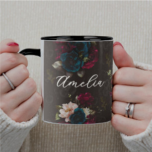 Elegantes rotes türkisfarbenes Blumenmuster Tasse