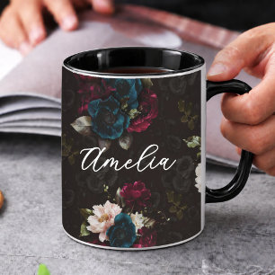 Elegantes rotes türkisfarbenes Blumenmuster Tasse