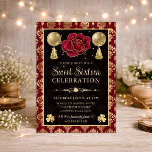 Elegantes rotes und goldenes Herz-Damaskus Sweet S Einladung