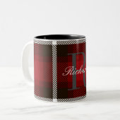 Elegantes rotes und schwarzes Kariertes Monogramm  Zweifarbige Tasse (Vorderseite Links)