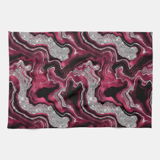 Elegantes rotes und silbernes Glitter-Achat-Muster Geschirrtuch (Horizontal)