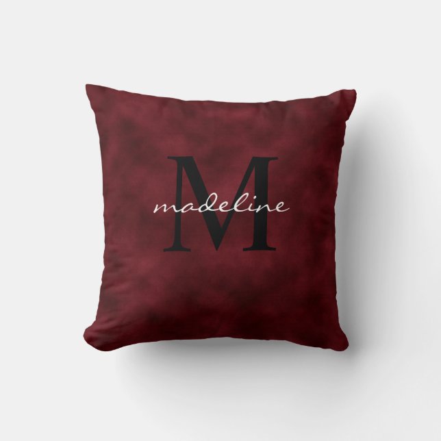 Elegantes rotes Velvet Schwarzes Monogram Kissen (Vorderseite)