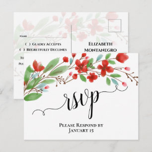 Elegantes Rotes Wasserfarbenblüten Hochzeit RSVP Postkarte