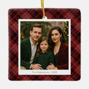 Elegantes rotes Weihnachts-Kariert-Familienfoto  Keramikornament