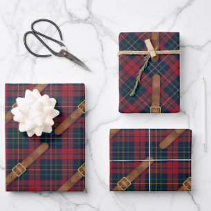 Elegantes rotes Weihnachts-Karomuster mit Schnalle Geschenkpapier Set