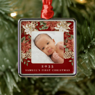 Elegantes rotes Weihnachtsfoto für Babys erstes We Ornament Aus Metall
