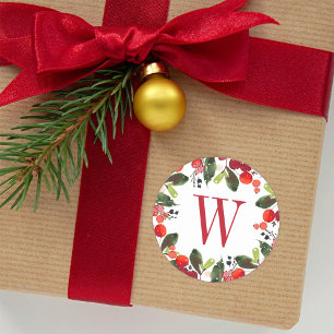 Elegantes rotes Weihnachtsgrün-Beeren-Monogramm Runder Aufkleber