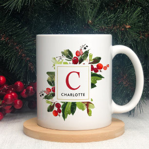 Elegantes rotes Weihnachtsgrün-Monogramm Kaffeetasse