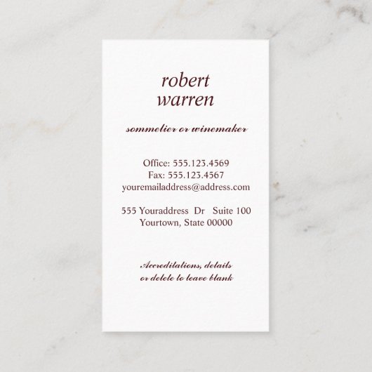 Elegantes rotes Weinglas Sommelier Visitenkarte (Rückseite)