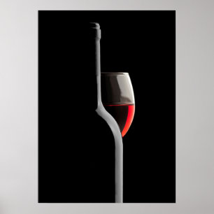 Elegantes rotes Weinglas und Flasche. Schwarzer Hi Poster