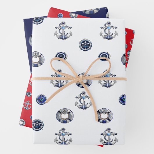 Elegantes rotes Weiß- und blaues Nautikthema Geschenkpapier Set (Beispiel)