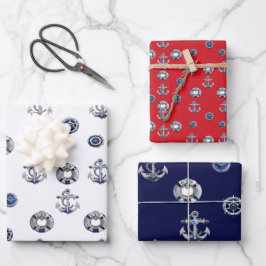Elegantes rotes Weiß- und blaues Nautikthema Geschenkpapier Set