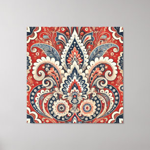 Elegantes rotes, weißes und blaues Paisley-Muster Leinwanddruck
