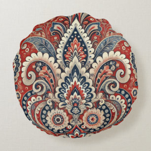 Elegantes rotes, weißes und blaues Paisley-Muster Rundes Kissen