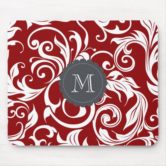 Elegantes Rotwein-Monogramm-Blumentapete Mousepad (Vorne)