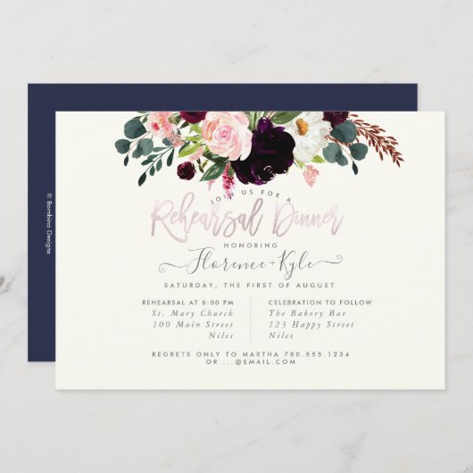 Elegantes Roush Burgund Blume Probe Abendessen Einladung (Vorne/Hinten)