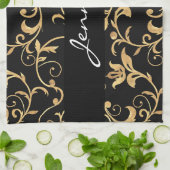 Elegantes Royal Black and Gold Damask Küchentuch (Gefaltet)