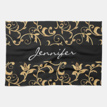 Elegantes Royal Black and Gold Damask Küchentuch