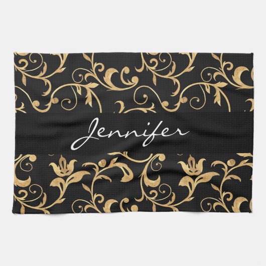 Elegantes Royal Black and Gold Damask Küchentuch (Horizontal)