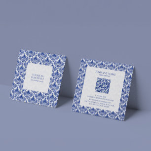Elegantes Royal Blue and White Damaskus-Muster Quadratische Visitenkarte