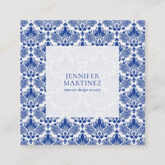 Elegantes Royal Blue and White Damaskus-Muster Quadratische Visitenkarte (Vorderseite)
