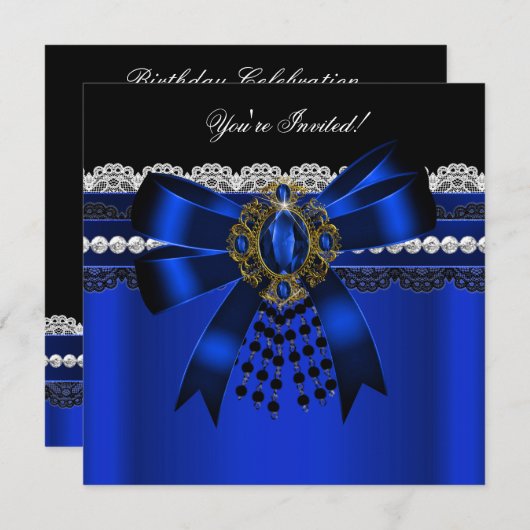Elegantes Royal Blue Black Diamond Gold Lace Party Einladung (Vorne/Hinten)