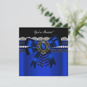 Elegantes Royal Blue Black Diamond Gold Lace Party Einladung (Stehend Vorderseite)