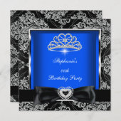 Elegantes Royal Blue Damask Silver Black Party Einladung (Vorne/Hinten)