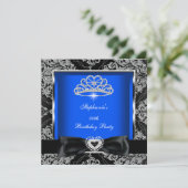 Elegantes Royal Blue Damask Silver Black Party Einladung (Stehend Vorderseite)