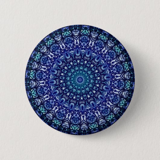 Elegantes Royal Blue Floral Damask Muster Button (Vorderseite)